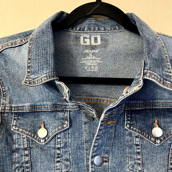 Go Jeans Sz XL Vintage Navy Denim Jean Jacket Cropped Wash Pockets - Picture 4 of 13